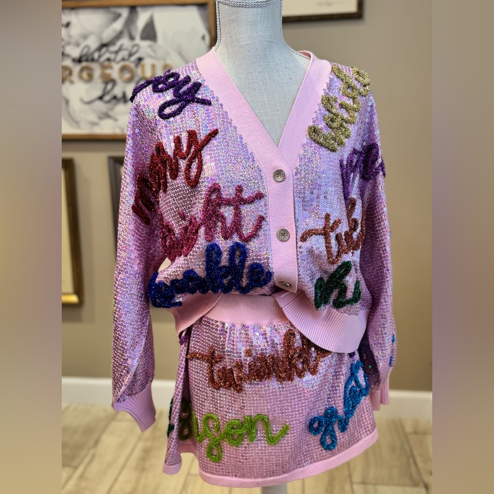 New! QUEEN OF SPARKLES Set! Pink Sequin Holiday Words Cardigan & Skirt Set - Picture 4 of 14
